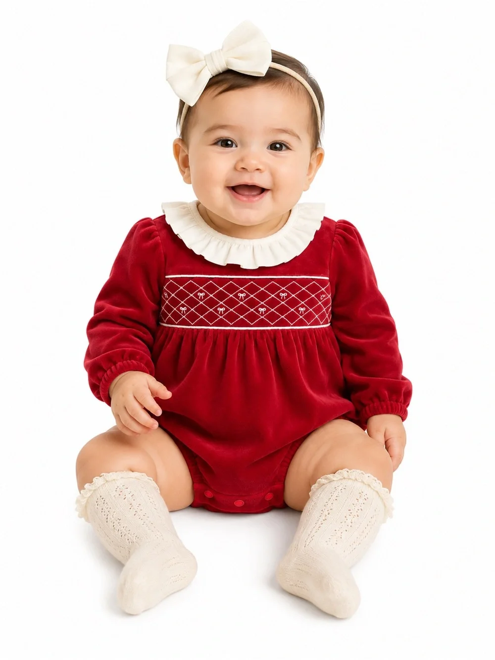 NWT Little Me Red Velvet Smocked Ruffle Collar Baby One-Piece